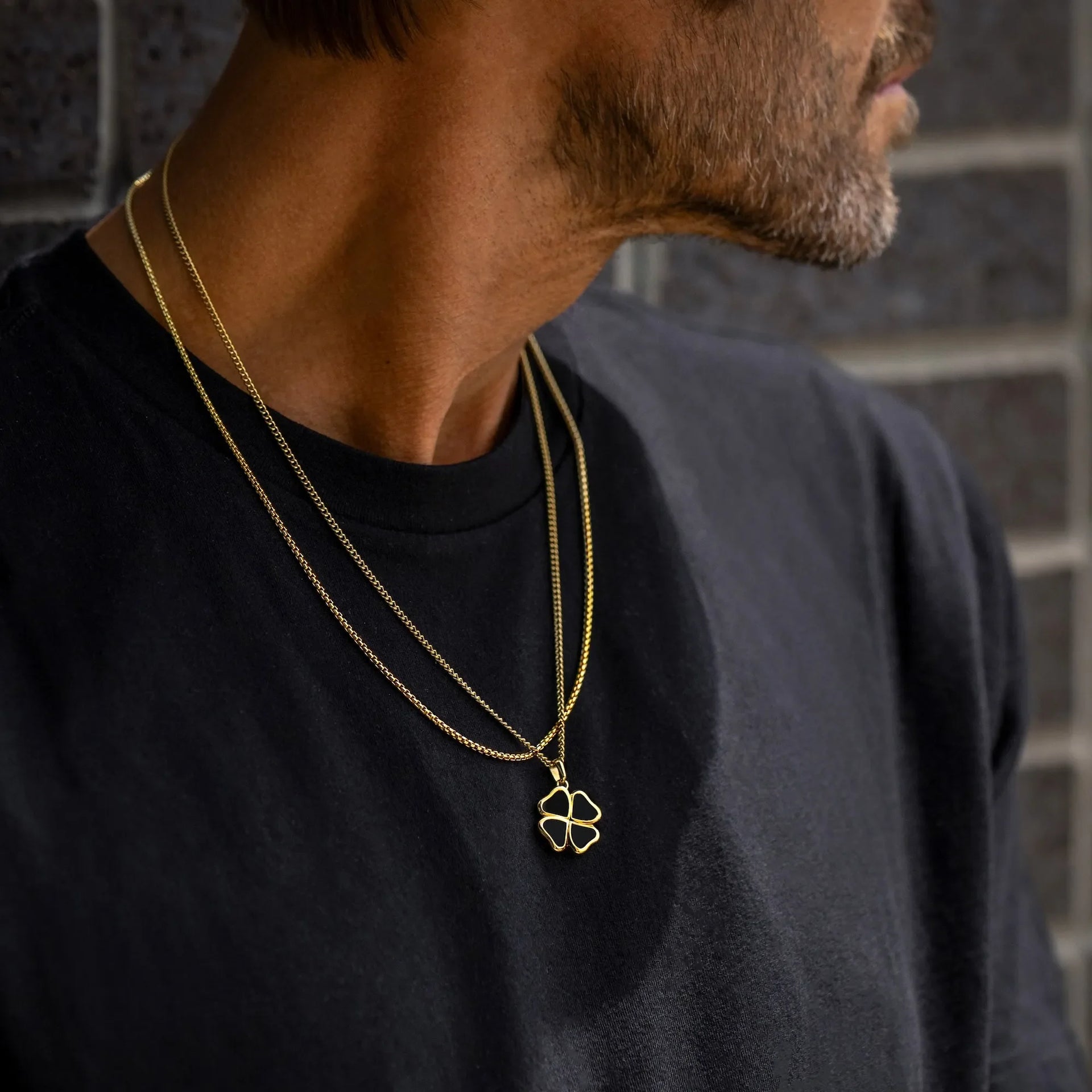 14K Gold Clover Pendant Necklace with Natural Black Onyx Inlay