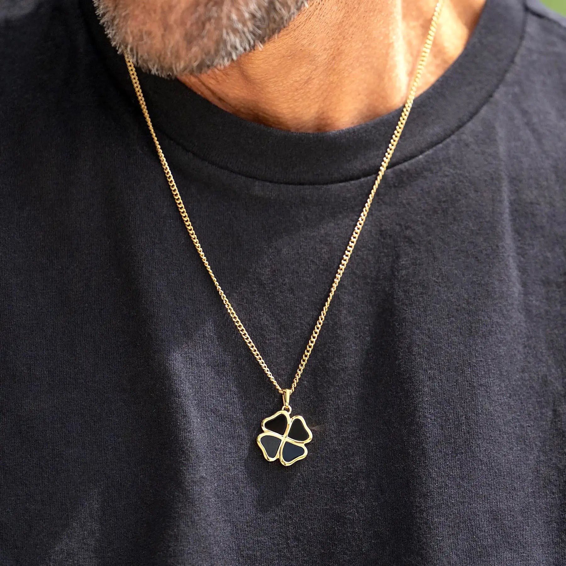 14K Gold Clover Pendant Necklace with Natural Black Onyx Inlay