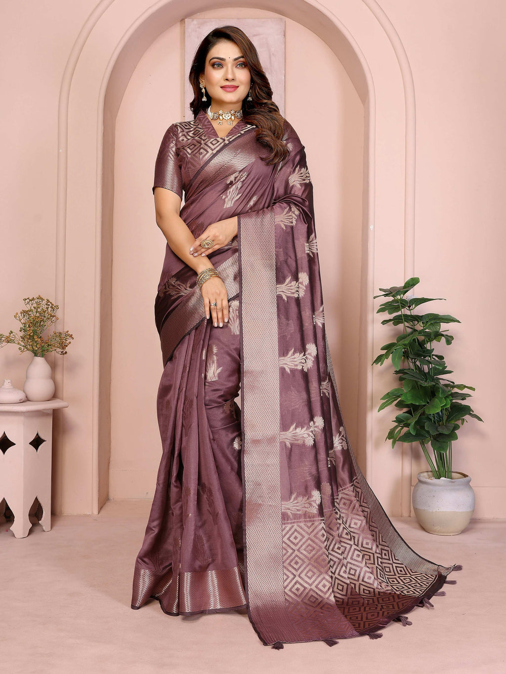 Aastha Fashion purple soft organza silk saree with intricate weaving and matching blouse