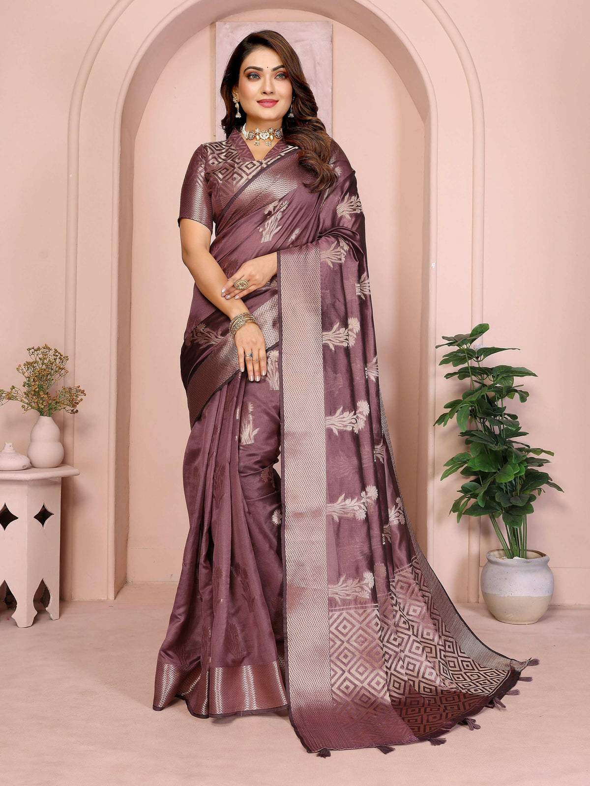 Aastha Fashion purple soft organza silk saree with intricate weaving and matching blouse