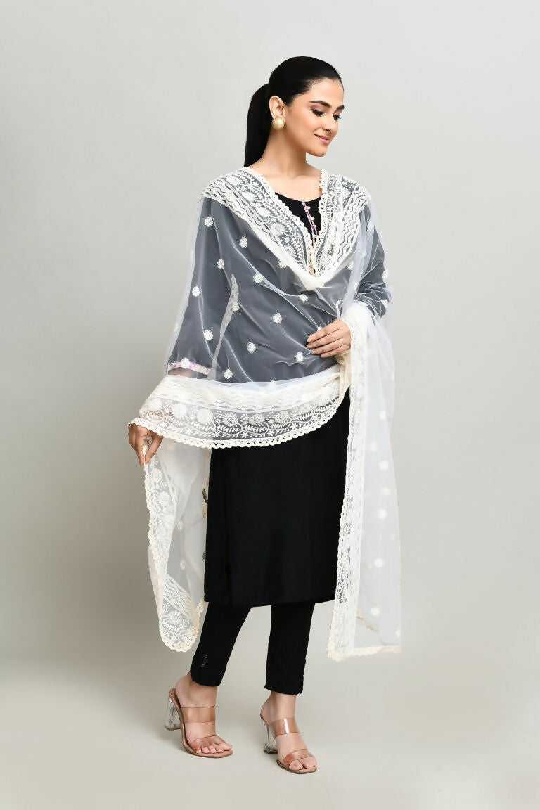 White Cotton Pakistani Karanchi Dupatta with Elegant Embroidery