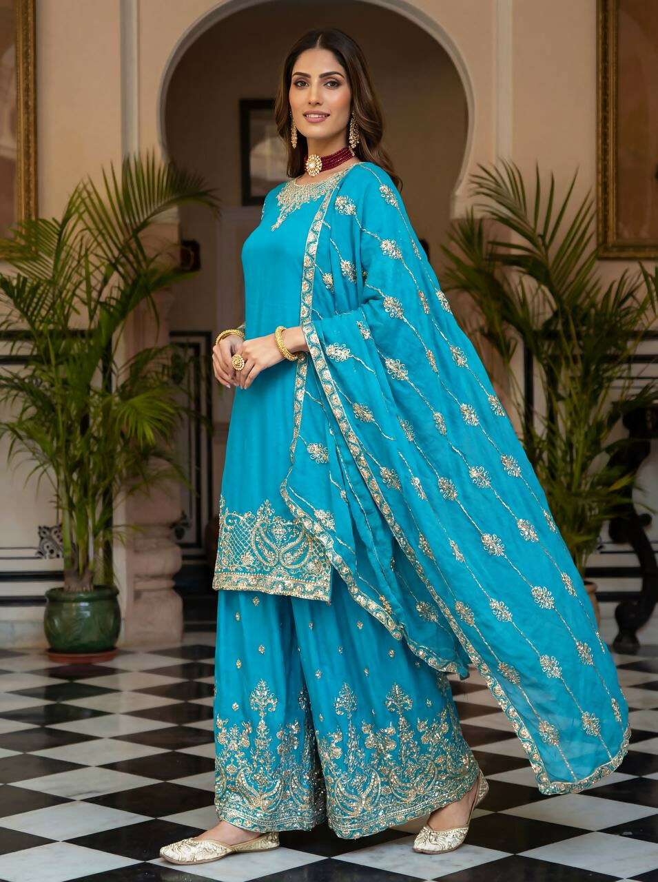 Sky Silk Embroidered Sharara Set - Elegant Occasion Wear