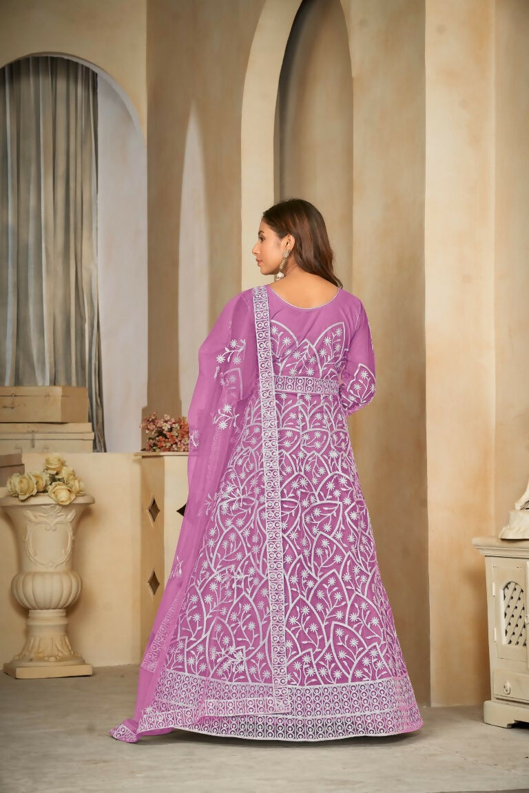 Women's Purple Net Embroidered Anarkali Kurta Pant Set with Dupatta