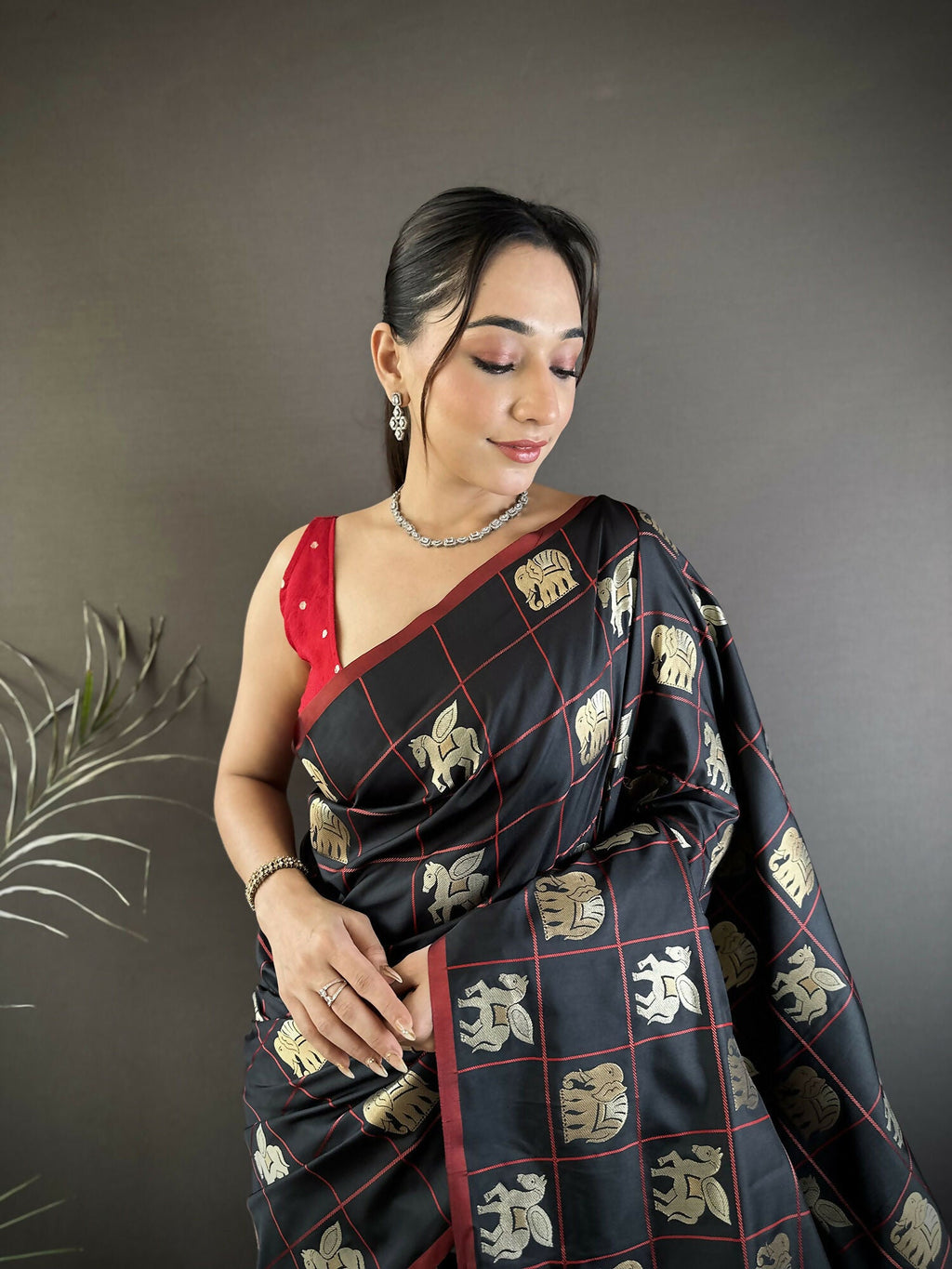 Black Elephant Motif Soft Silk Banarasi Saree with Pink Blouse