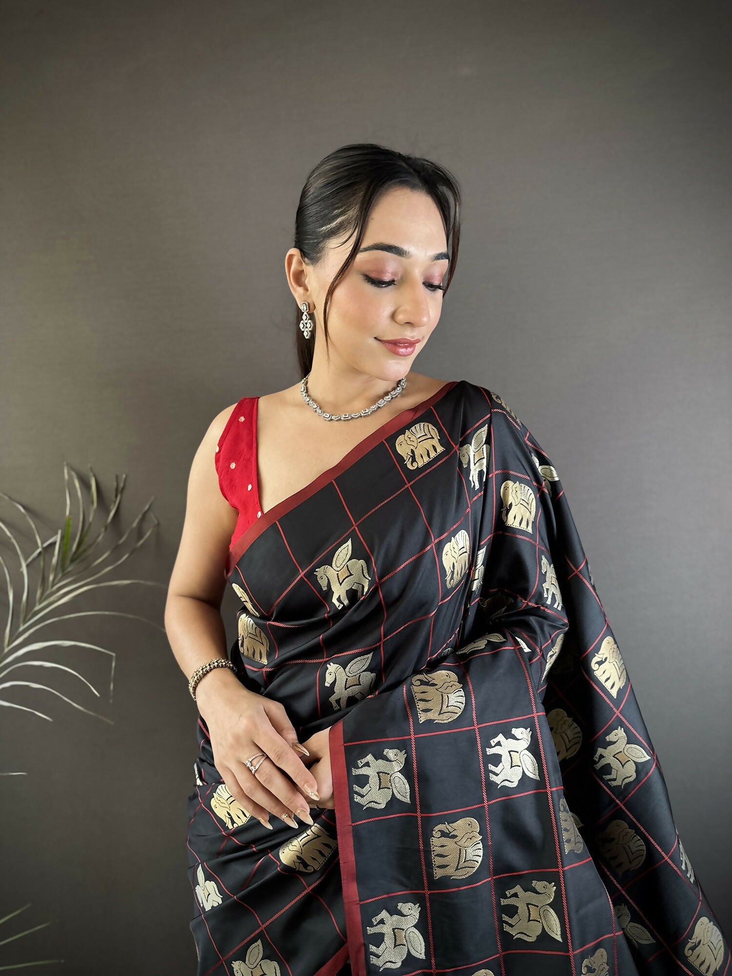 Black Elephant Motif Soft Silk Banarasi Saree with Pink Blouse