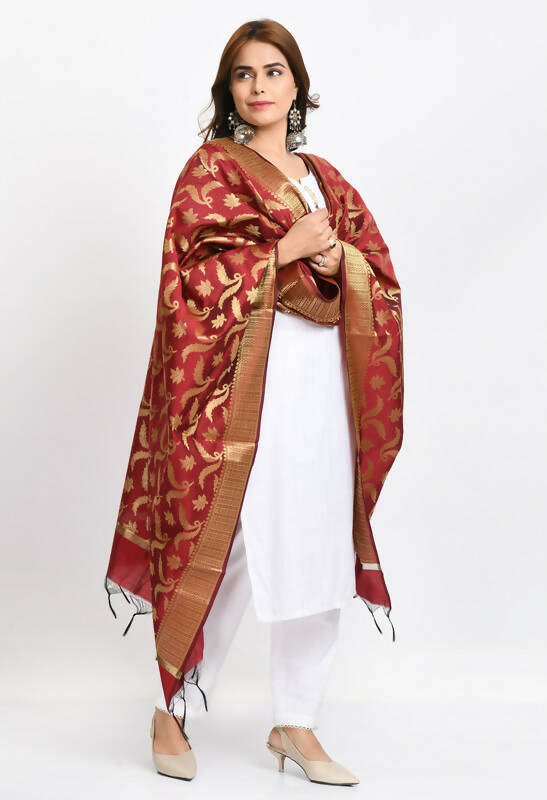 Maroon Banarasi Silk Dupatta with Floral Woven Gold Design