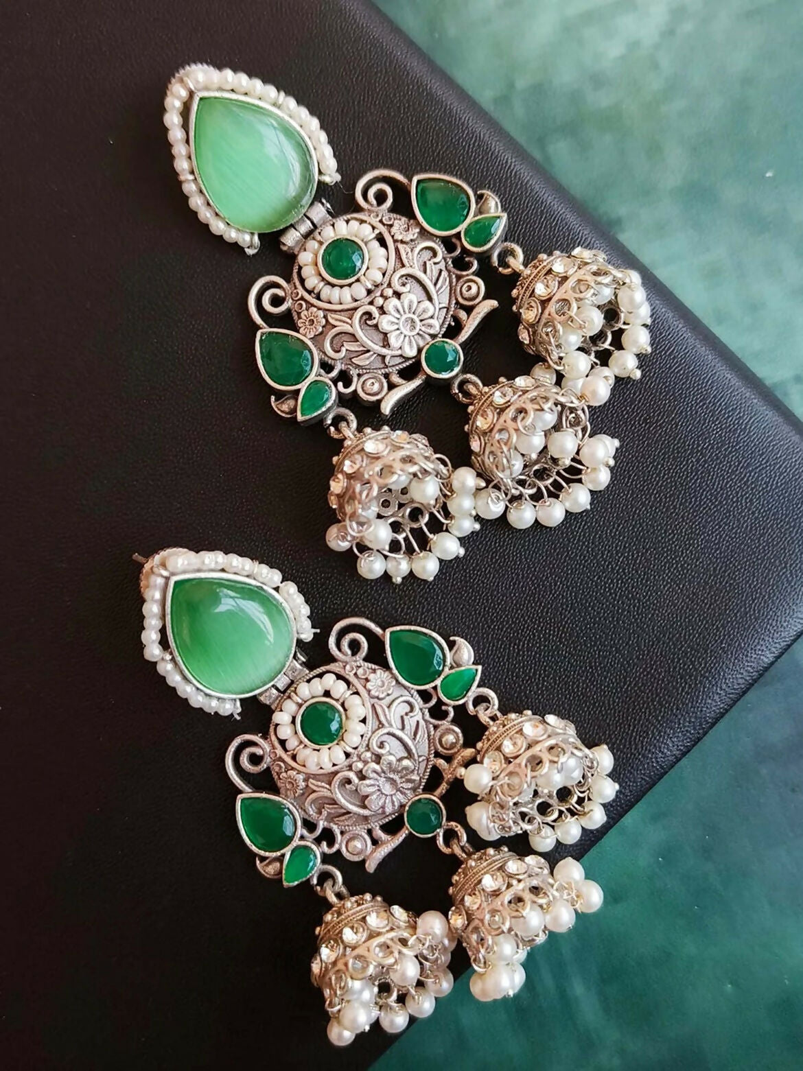 Green Meenakari earrings with bohemian design
