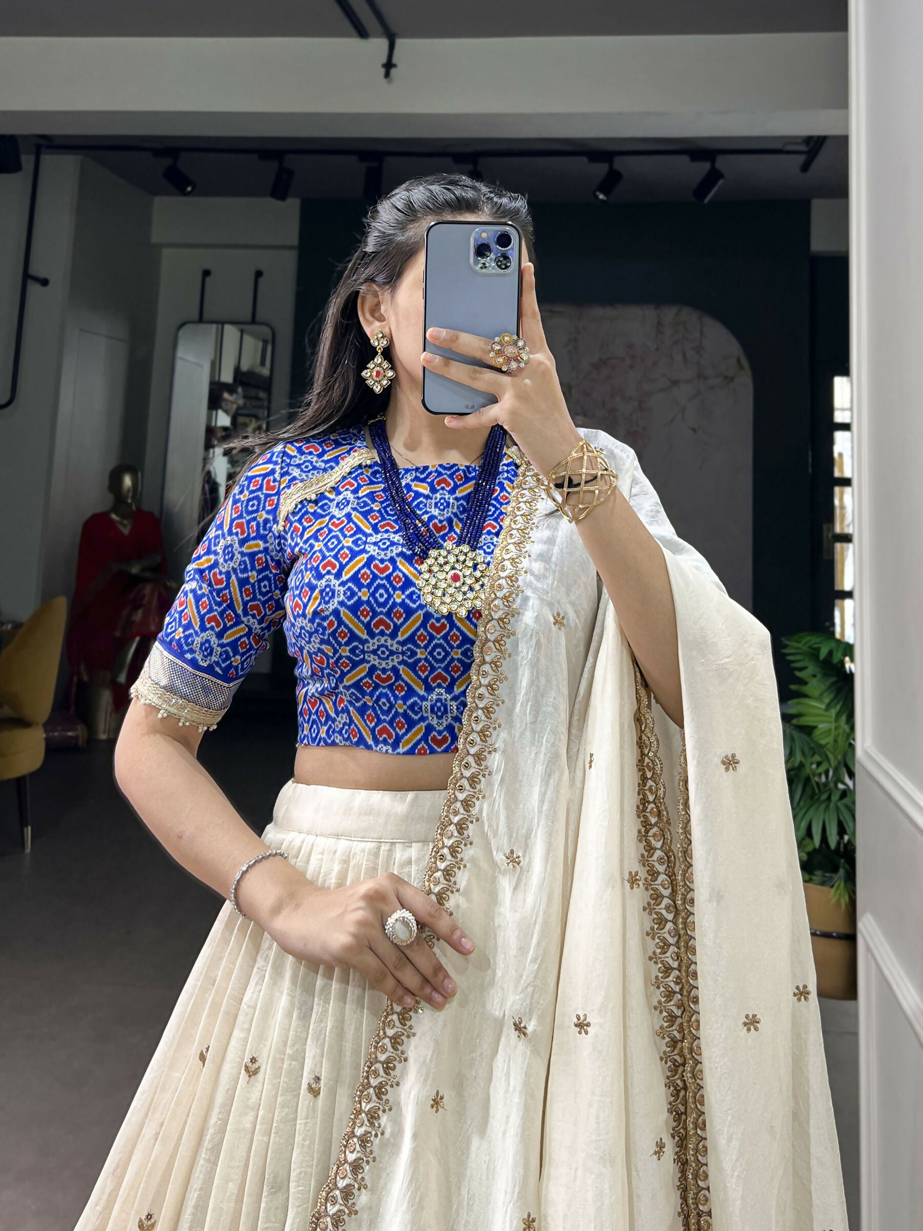 White Vichitra Silk Lehenga Choli with Sequins and Embroidery