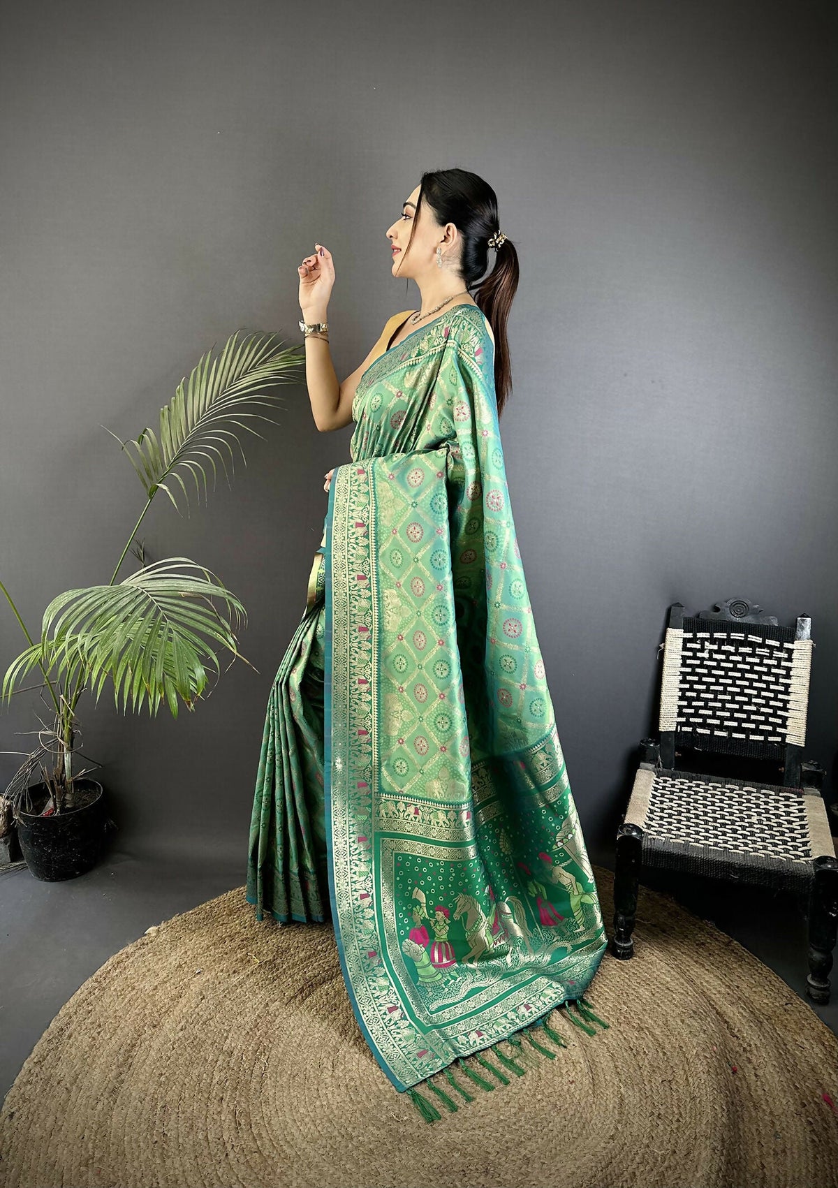 Aqua Green Geometric Print Soft Silk Patola Saree with Blouse