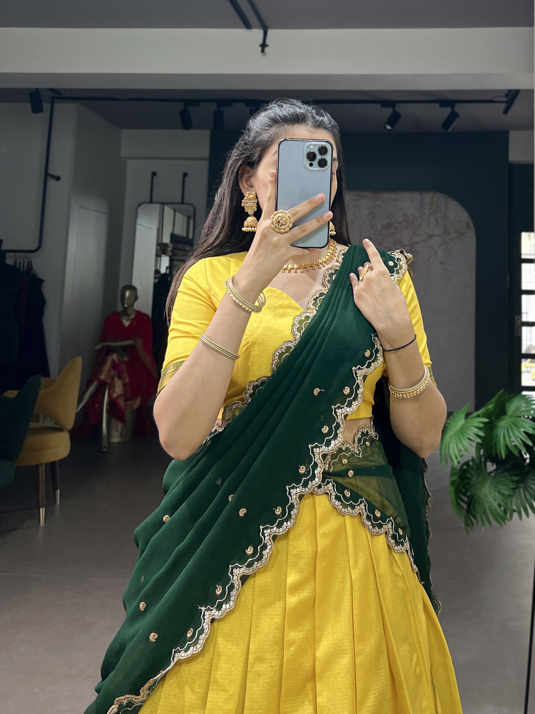 Yellow Cotton Silk Lehenga Choli with Zari Weaving Work