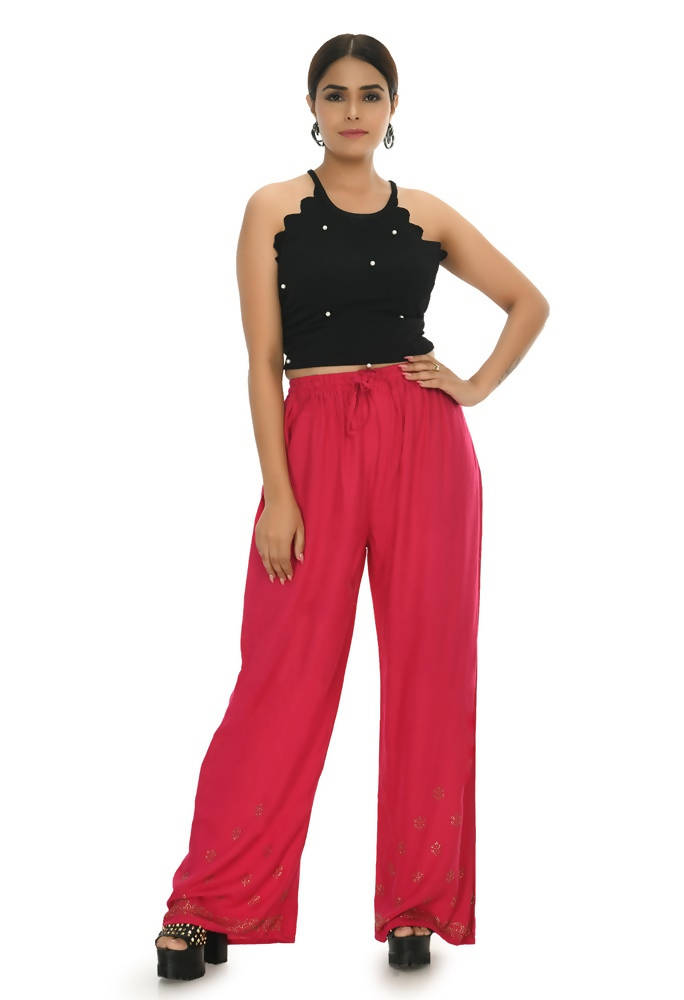 Red Rayon Cotton Palazzo Pants with Traditional Sirsoki Embroidery