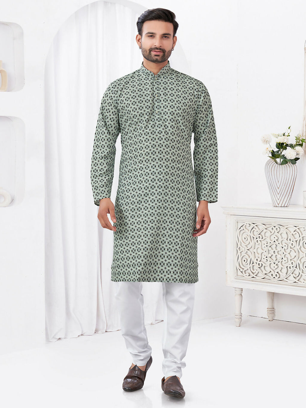 Boys Grey Rayon Cotton Printed Kurta Pyjama Ethnic Set