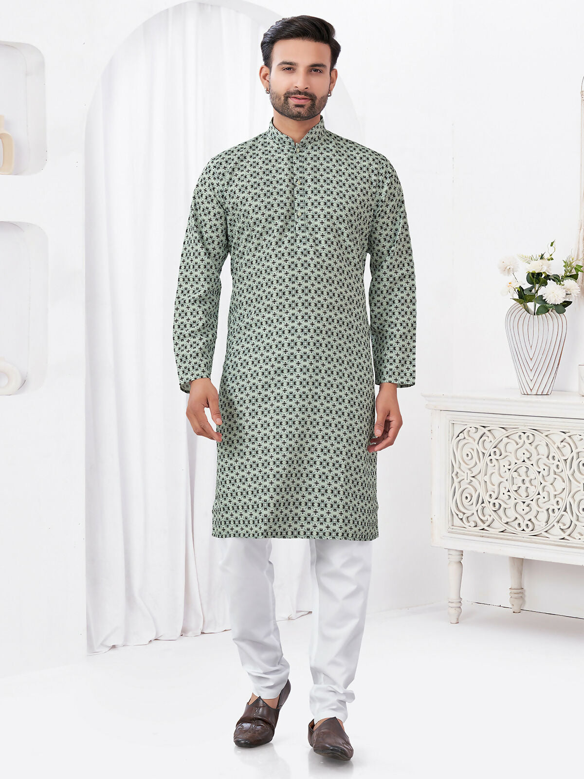 Boys Grey Rayon Cotton Printed Kurta Pyjama Ethnic Set