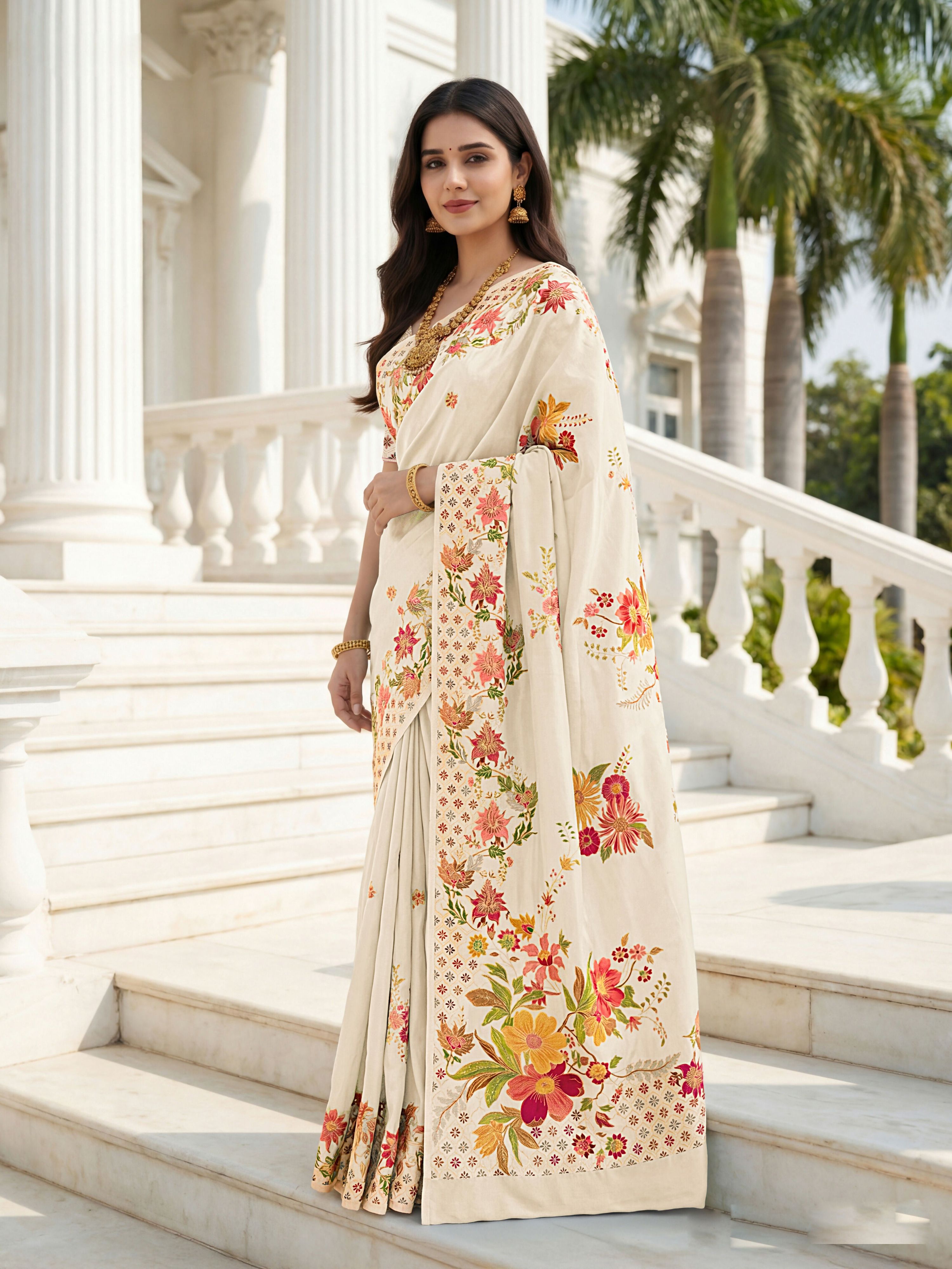 Cream Premium Russian Silk Designer Floral Saree