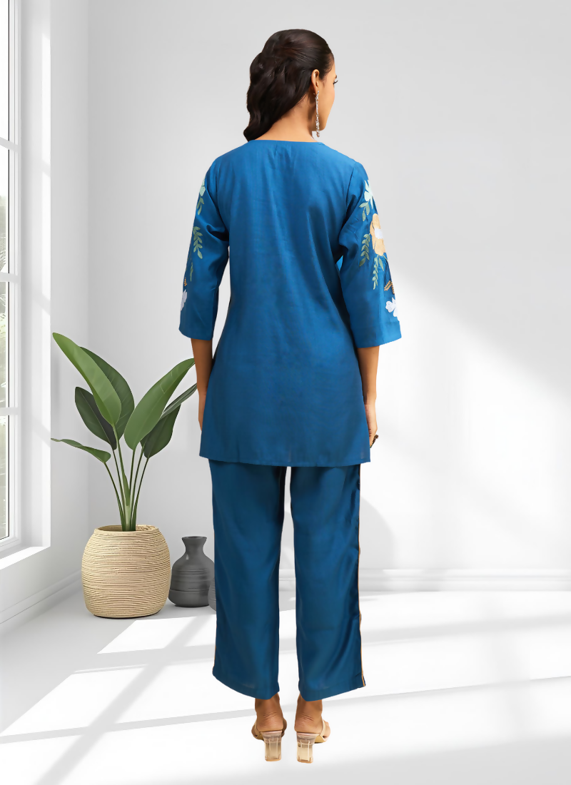 Teal Silk Embroidered Readymade Cord Set for Women