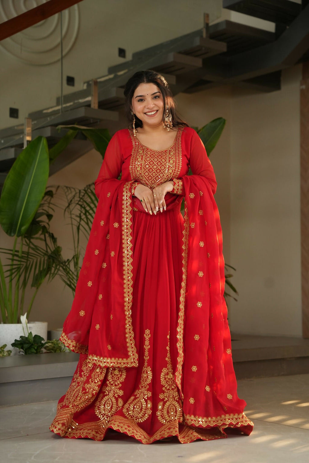 Joban Fashion Red Georgette Sequence Embroidery Work Kurta Set