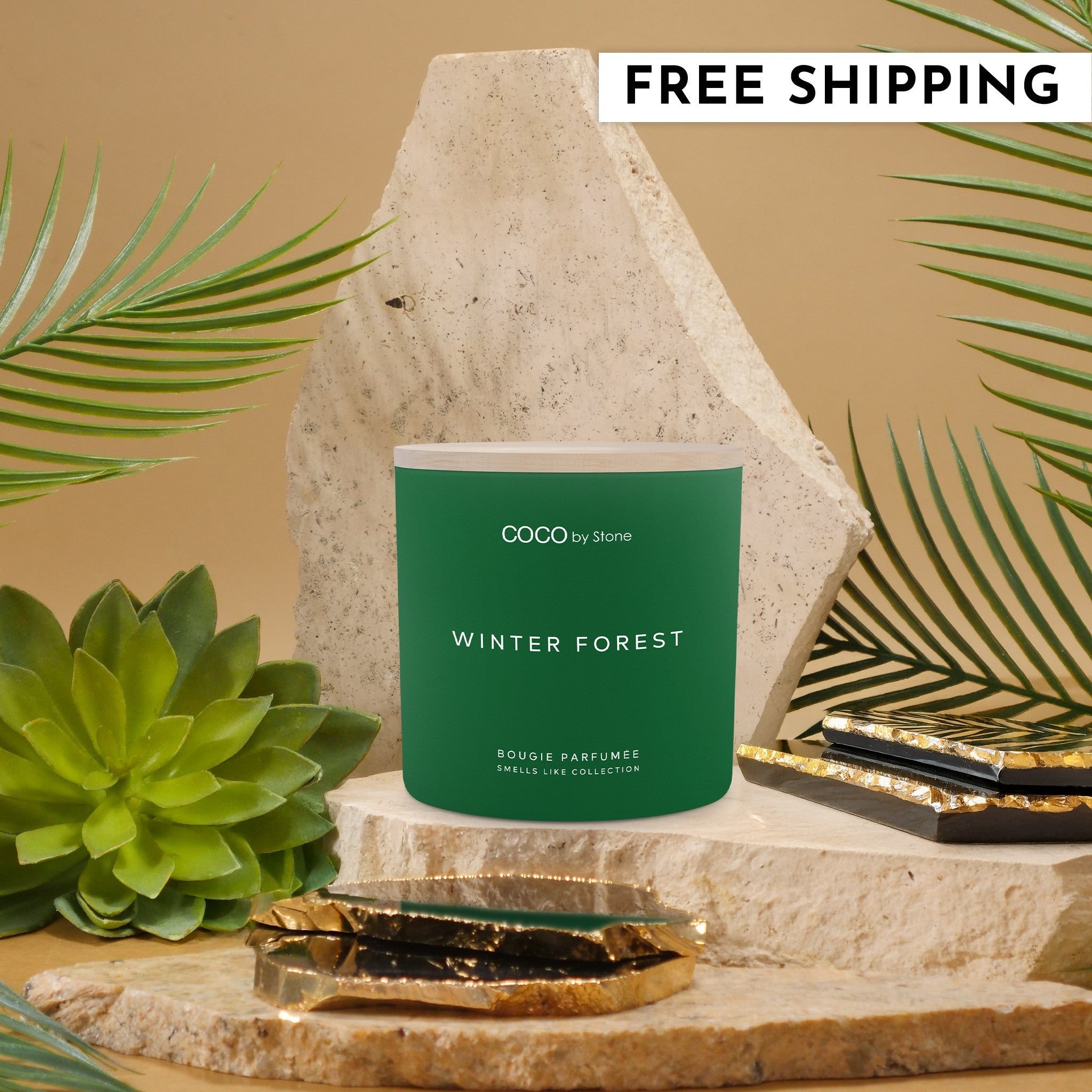 Winter Forest 15oz scented candle in a deep green glass jar featuring botanical and woodsy scent profiles