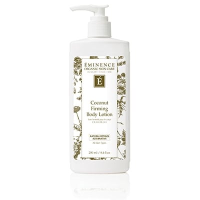 Eminence Coconut Firming Body Lotion bottle in white and green packaging.