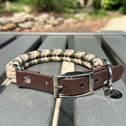 Coiled Charm Hand Braided Dog Collar in Olive, Light Tan, & Coyote Brown Diamonds