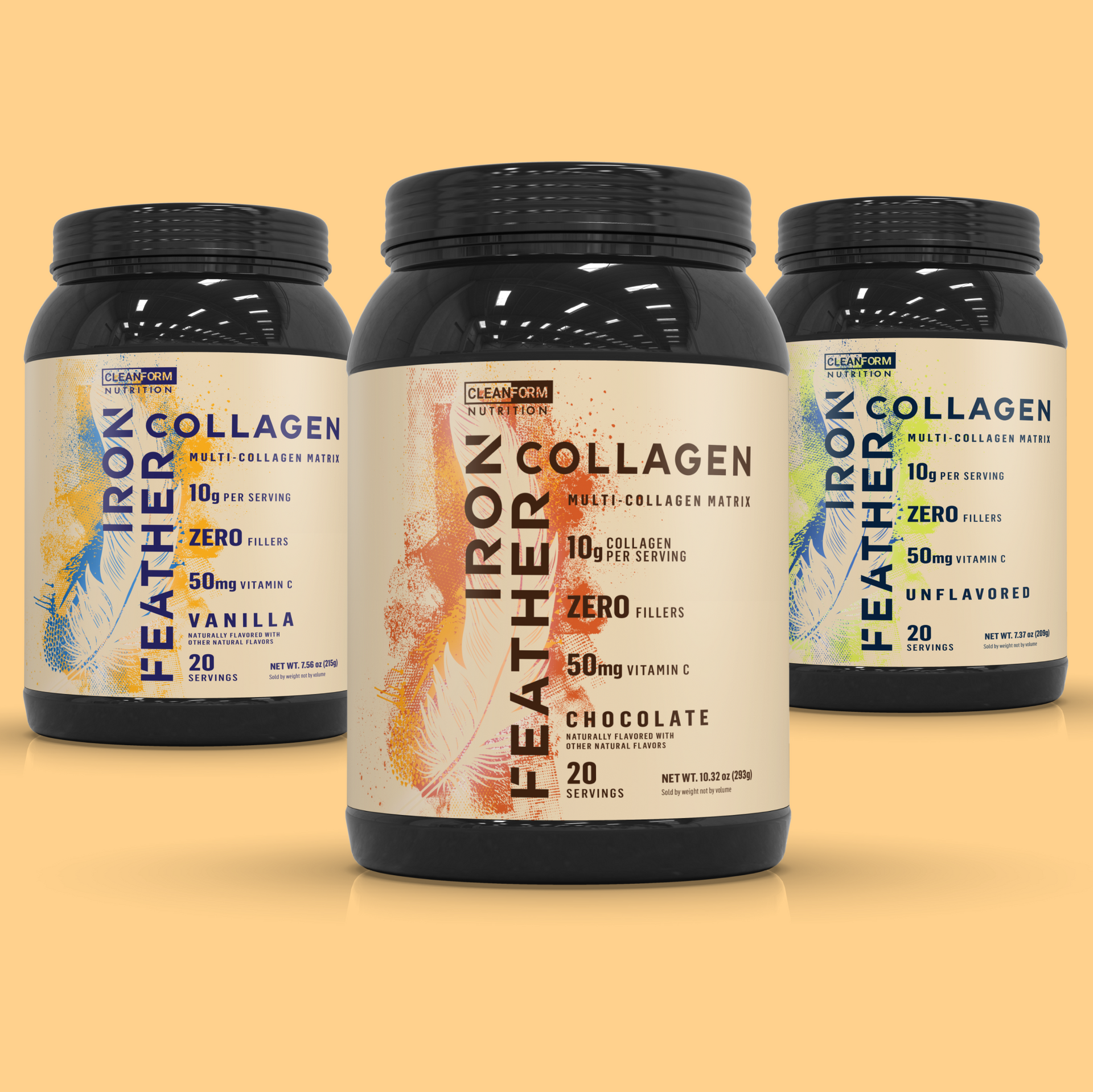 Three tubs of Iron Feather multi-source collagen powder in Vanilla, Chocolate, and Unflavored varieties.