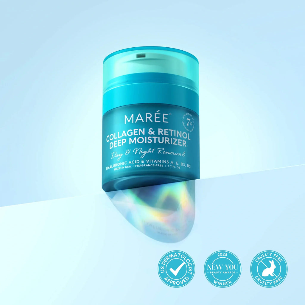 Maree Collagen and Retinol Deep Moisturizer jar showing key ingredients on a blue background