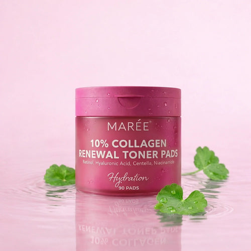 A jar of Maree 10% Collagen Renewal Toner Pads surrounded by green leaves in water