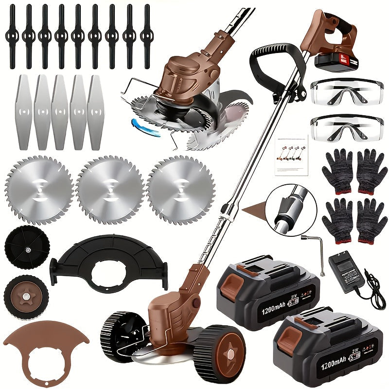 Cordless electric lawn mower in brown and black finish for home garden maintenance