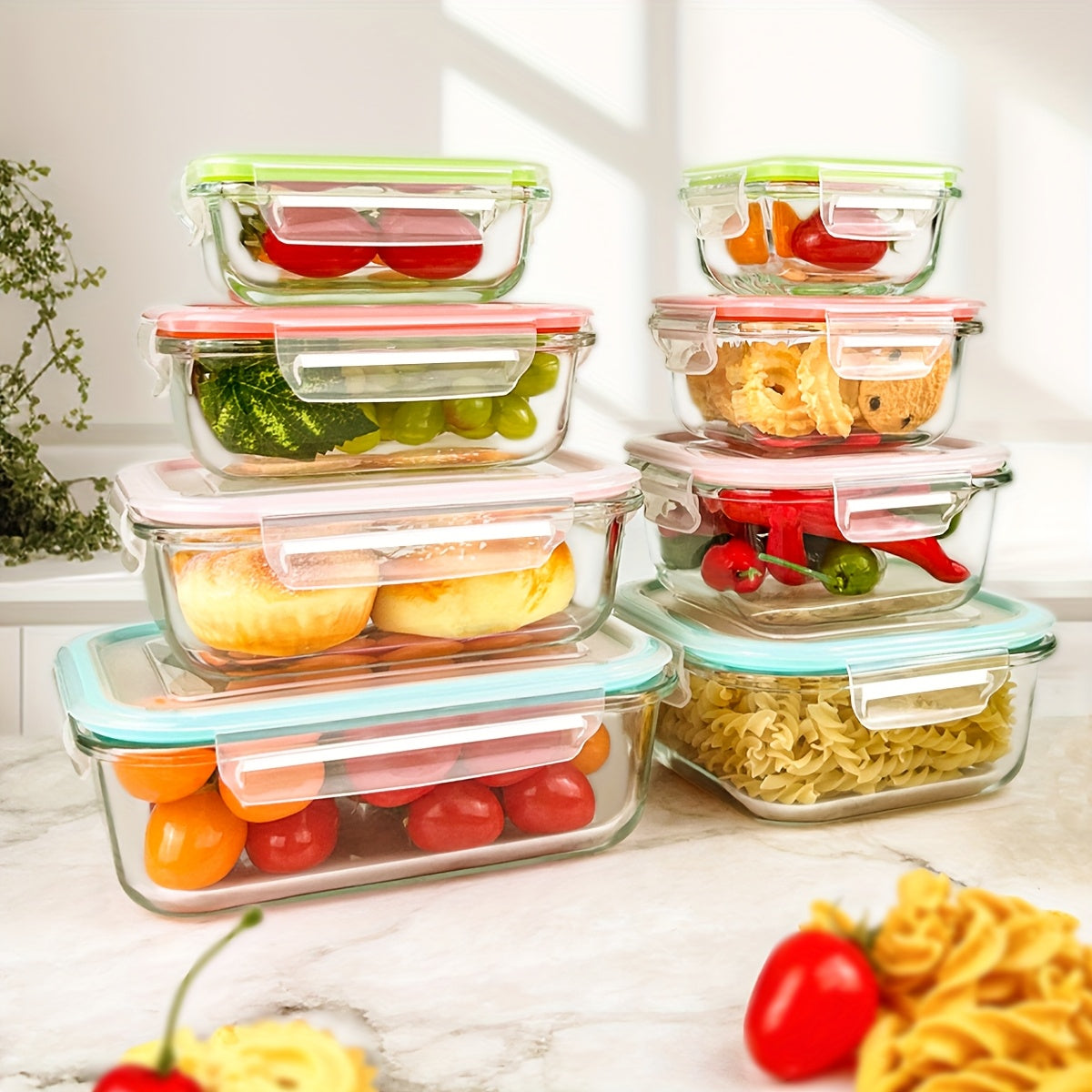 16-piece glass food storage set with clear glass containers and teal/pink airtight locking lids