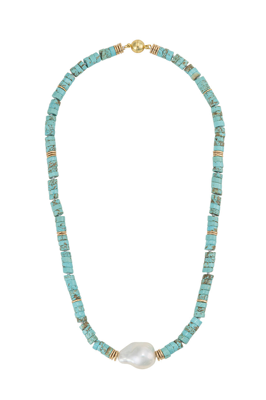 Turquoise and hematite beaded necklace with a central large white Biwa pearl and a gold-tone magnetic clasp.