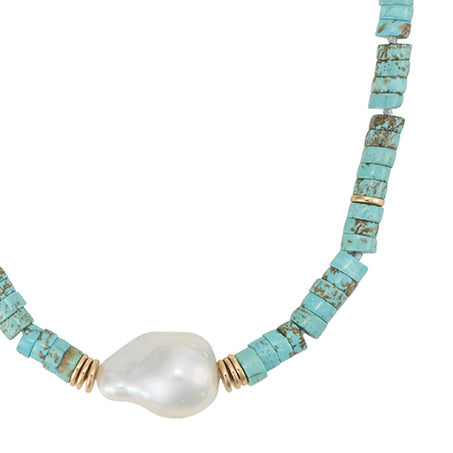 Blue Turquoise Hematite and Biwa Pearl Statement Necklace - Image 2