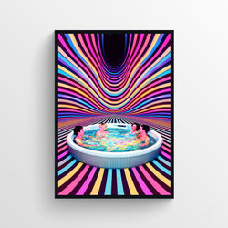 Trippy poster featuring a hot tub inside a warped, colorful tunnel of pink, purple, and blue.