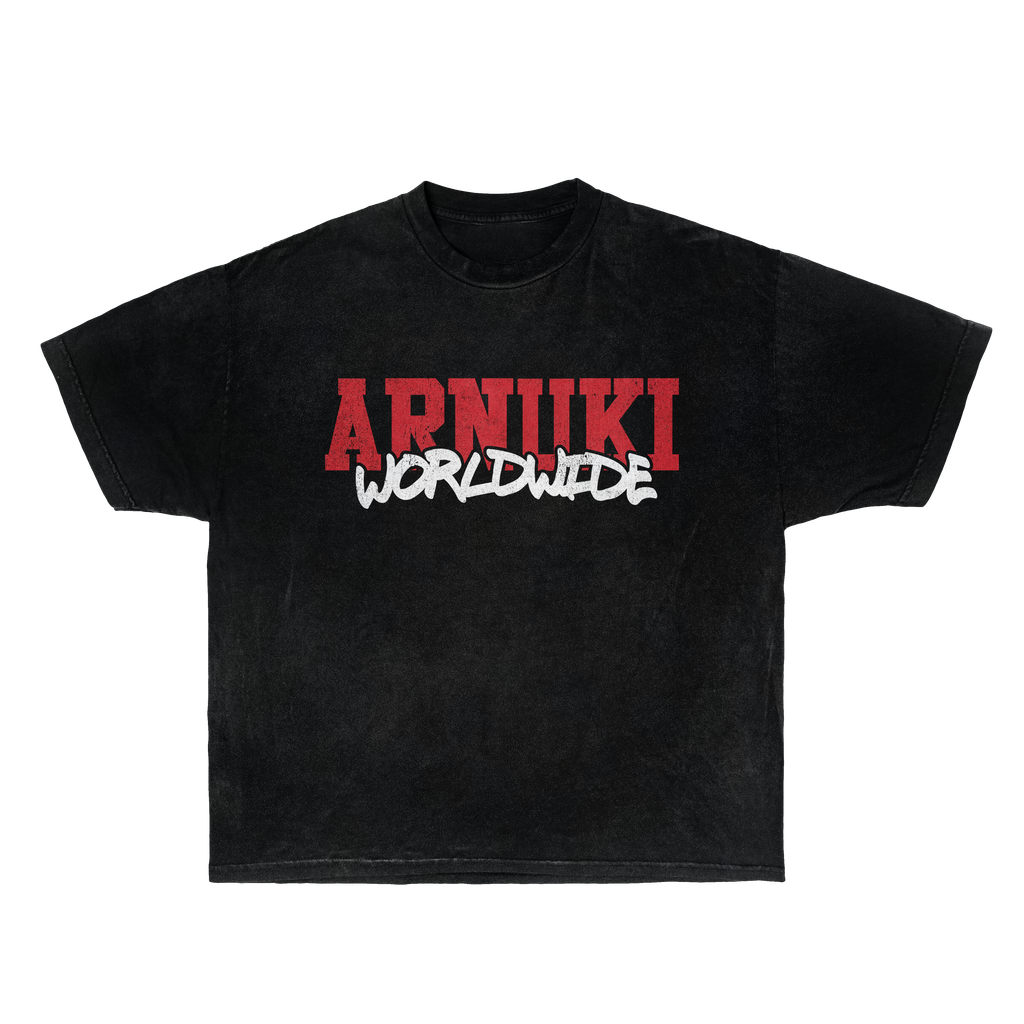 Arnuki Worldwide graphic t-shirt in washed black, front and back view.