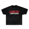 Arnuki Worldwide graphic t-shirt in washed black, front and back view.