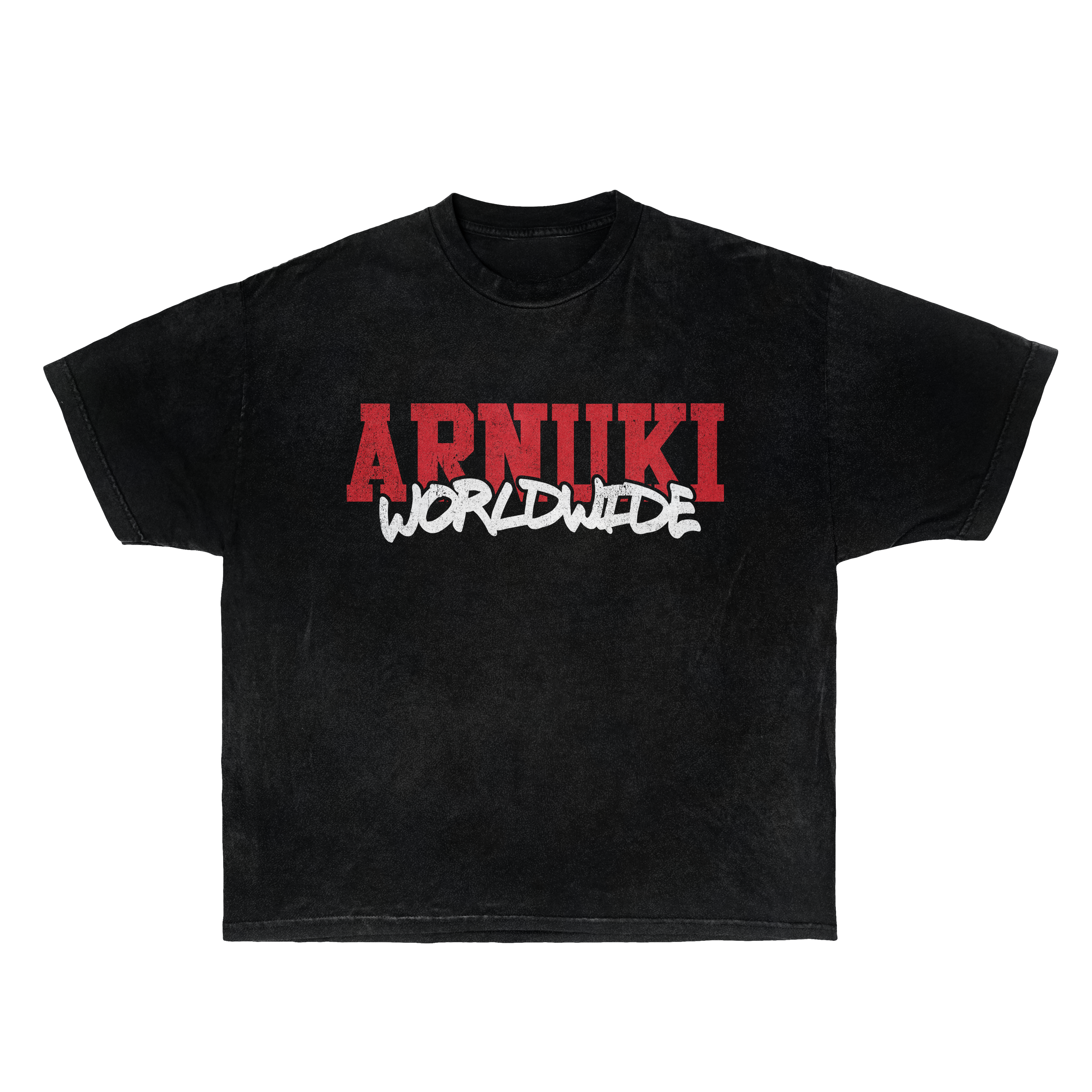 Arnuki Worldwide graphic t-shirt in washed black, front and back view.