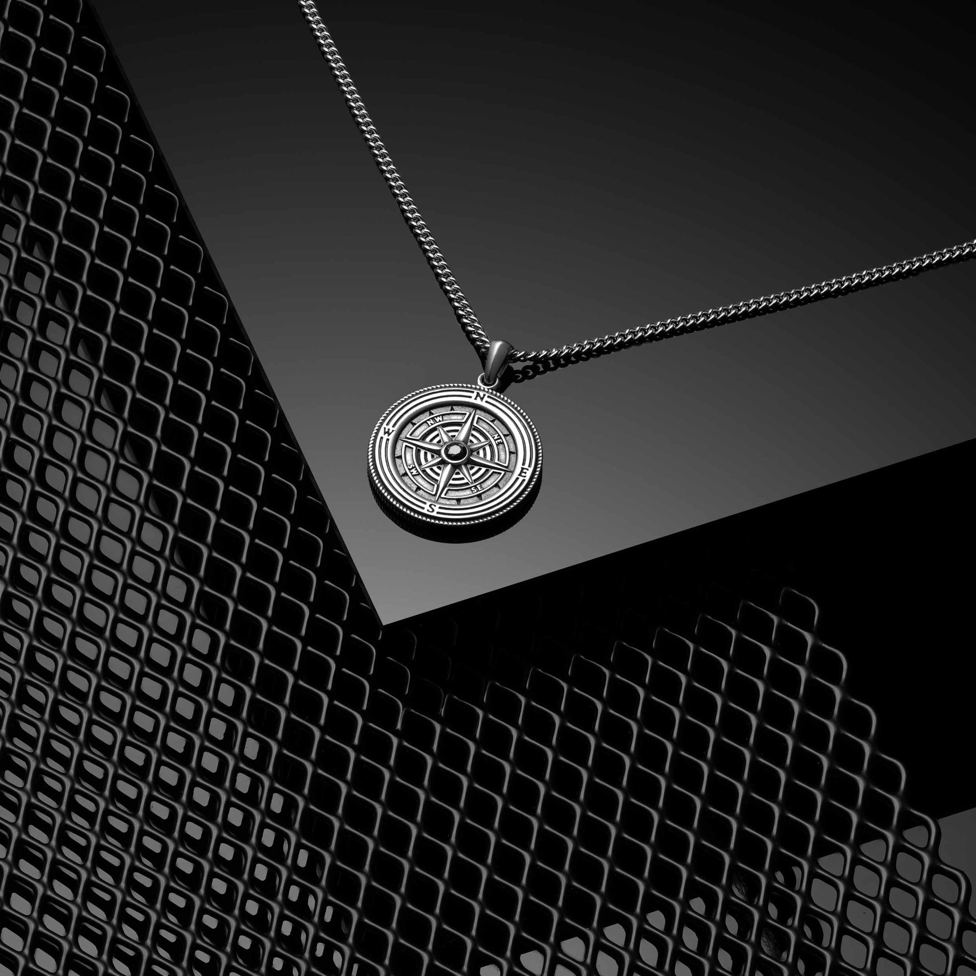 Compass Rose Pendant Necklace with Onyx Stone in Sterling Silver