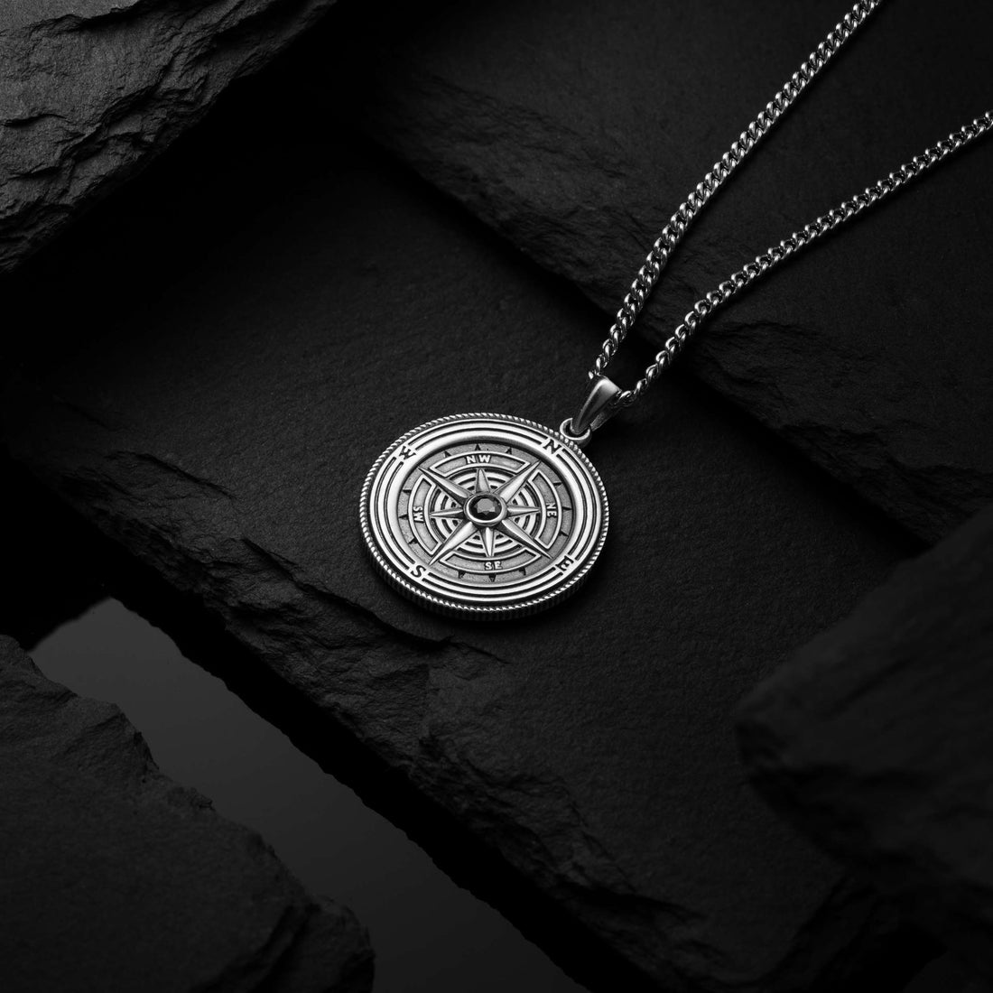 Compass Rose Pendant Necklace with Onyx Stone in Sterling Silver