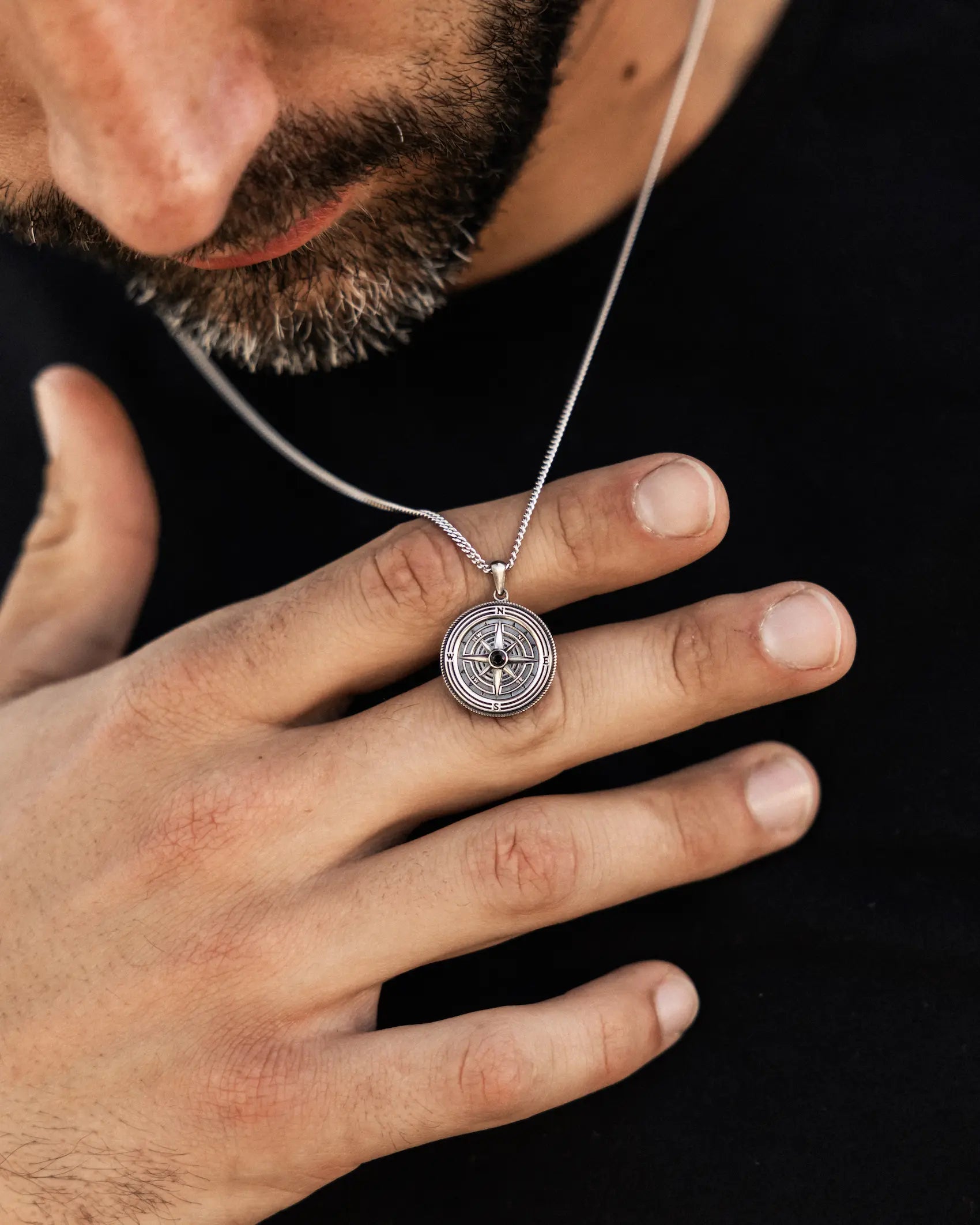 Compass Rose Pendant Necklace with Onyx Stone in Sterling Silver