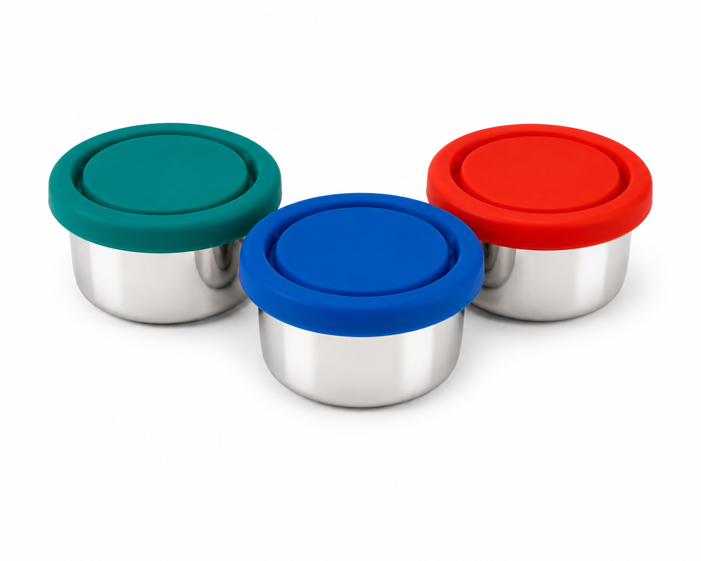 Set of three colorful teal, blue, and red stainless steel snack and condiment containers.