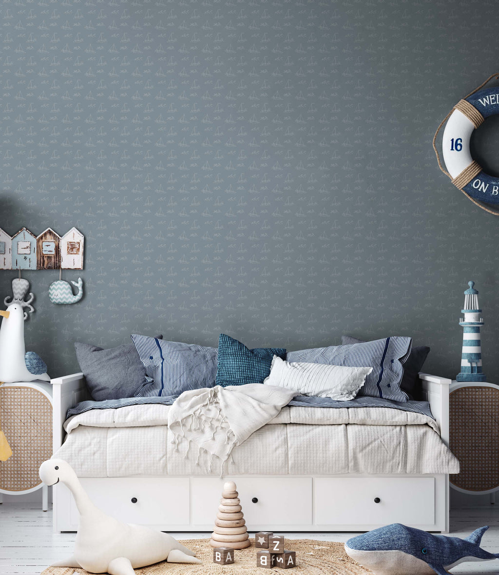 Conrad Removable Wallpaper in Blue and White Coastal Style