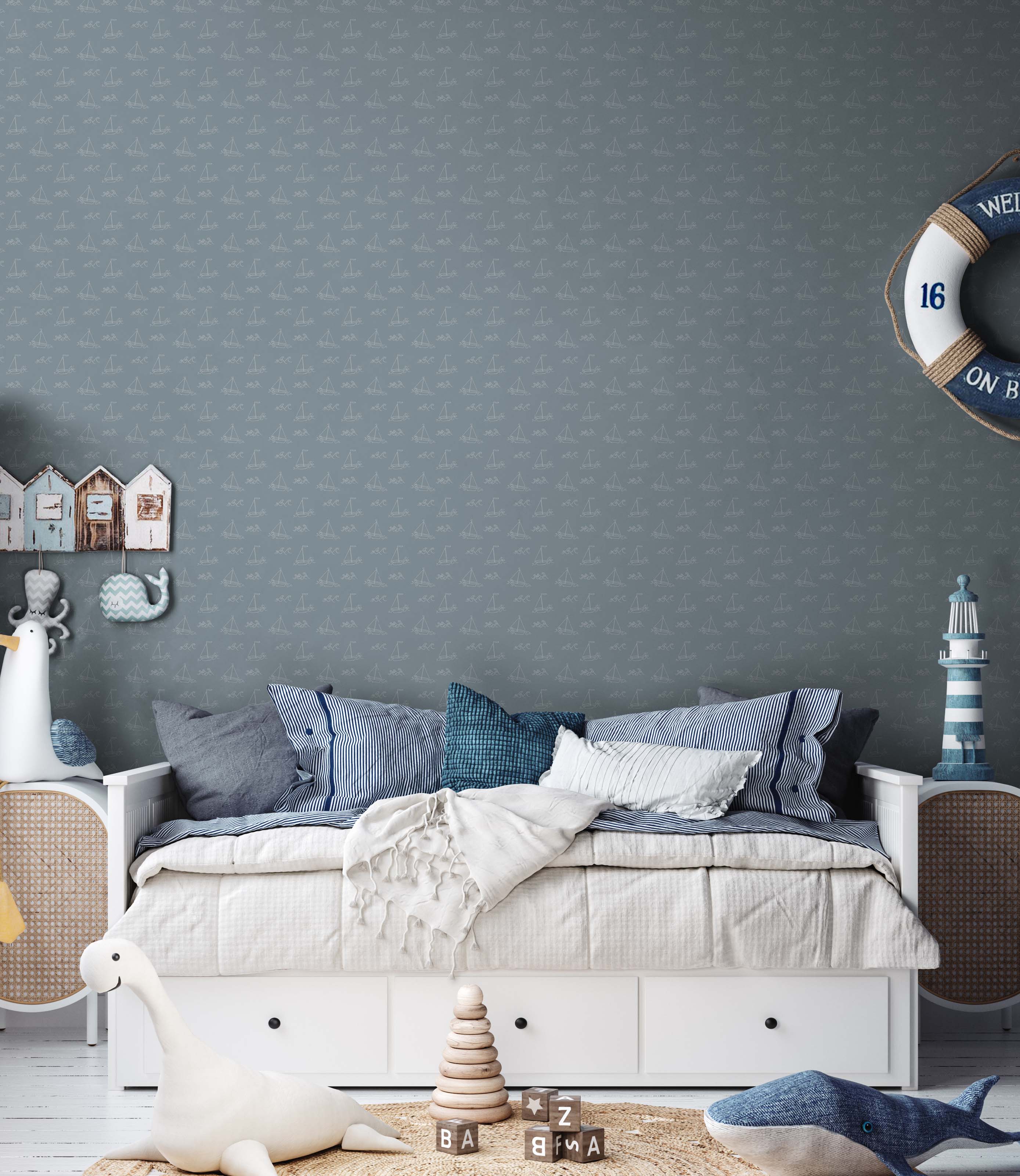Conrad Removable Wallpaper in Blue and White Coastal Style