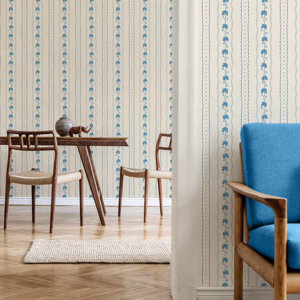 Constance Floral Removable Wallpaper in Cream, Blue & Green