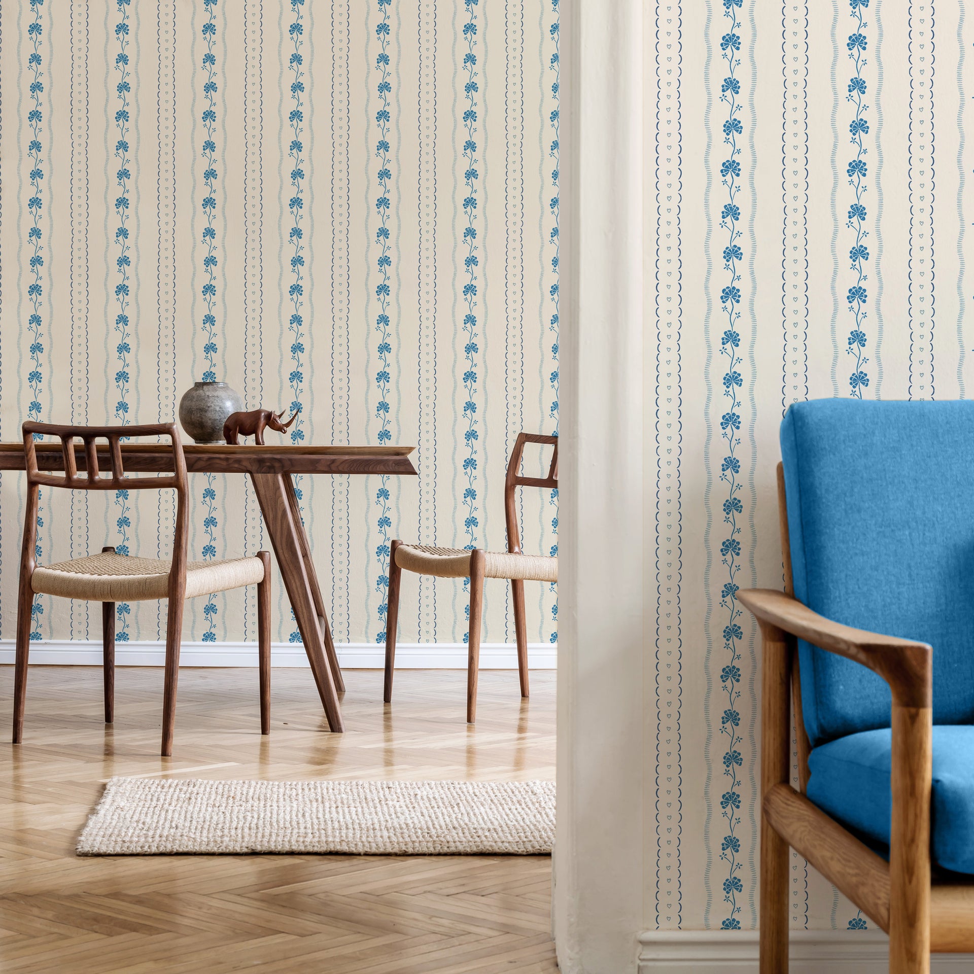 Constance Floral Removable Wallpaper in Cream, Blue & Green