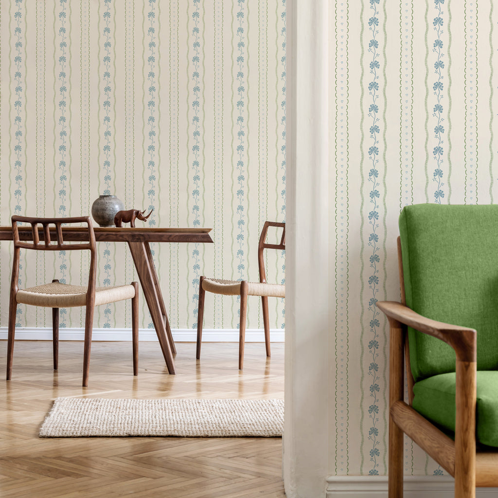 Constance Floral Removable Wallpaper in Cream, Blue & Green