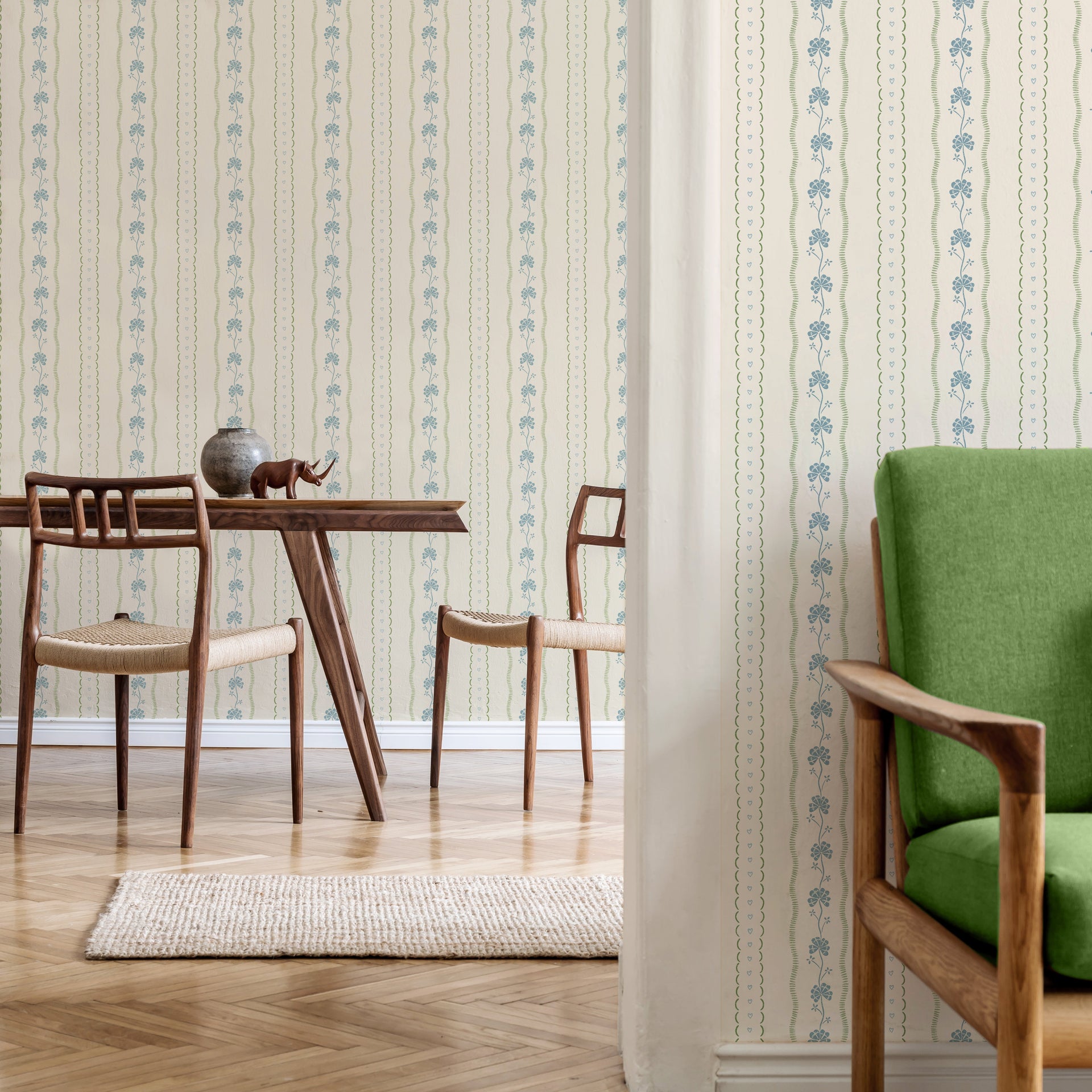 Constance Floral Removable Wallpaper in Cream, Blue & Green