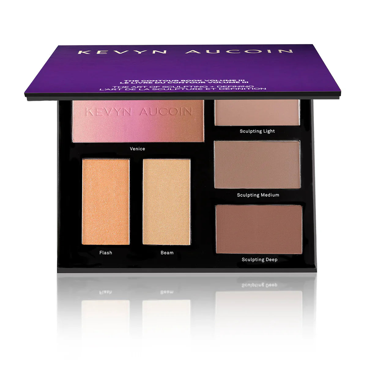 The Contour Book Volume III palette open, showing three sculpting powders, two highlighters, and one bronzer shade.