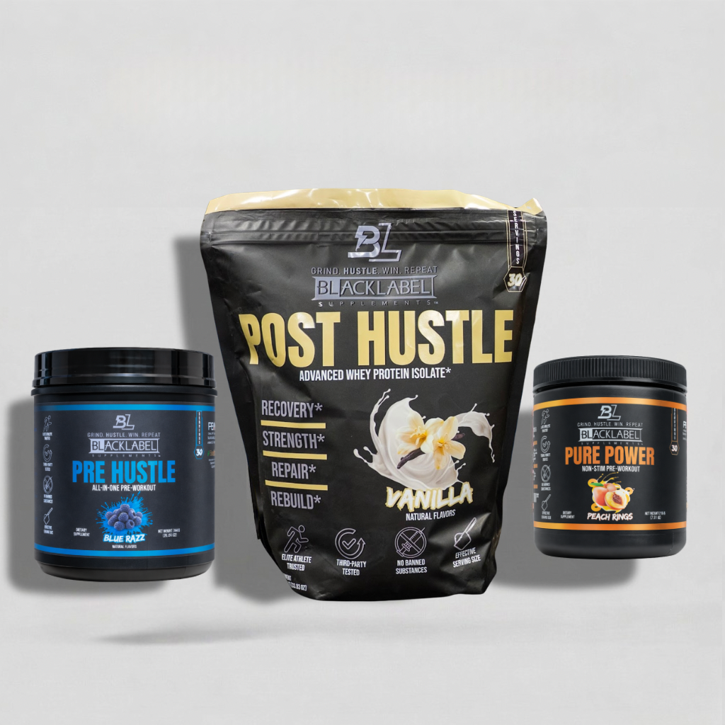 Training Stack supplement bundle featuring Post Hustle protein and pre-workout in black, gold, blue, and orange packaging