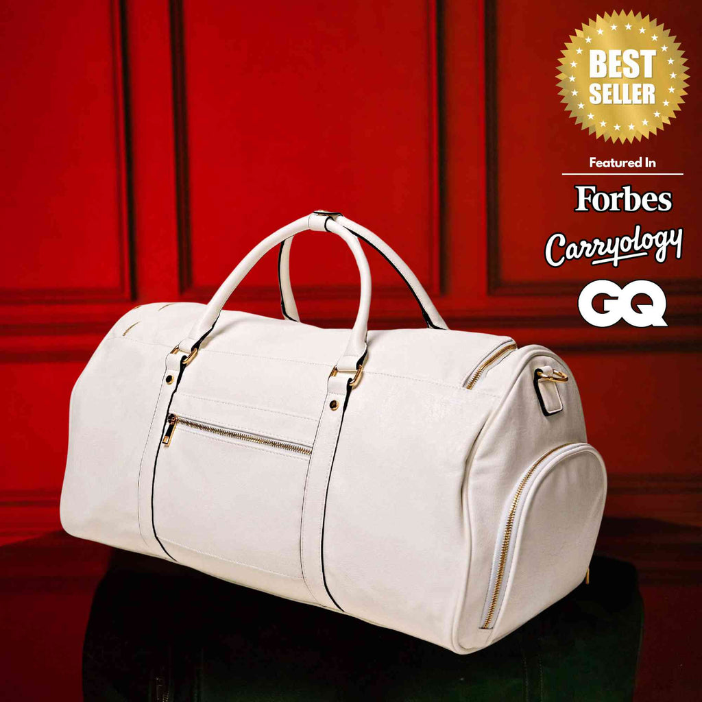 White Leather Weekender Duffle Bag with Dual Shoe Compartments