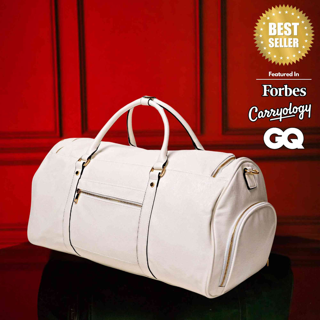 White Leather Weekender Duffle Bag with Dual Shoe Compartments