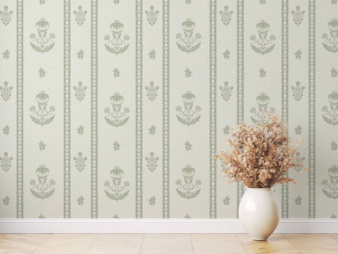 Cordelia Floral Removable Wallpaper in Green, Cream, Brown & Blue