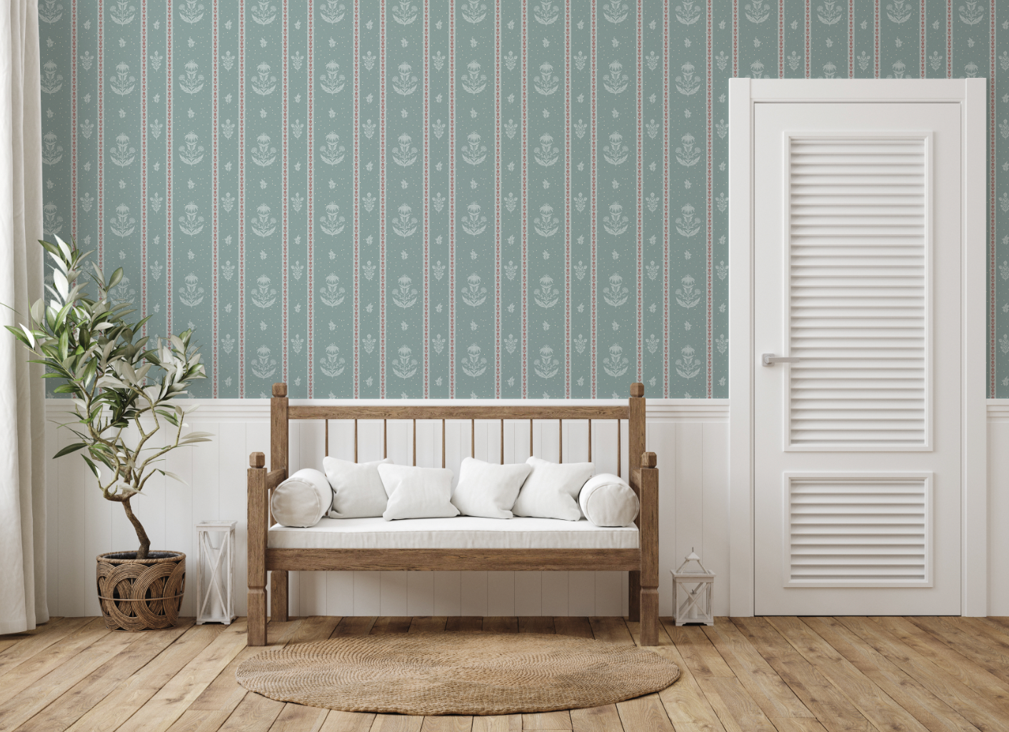 Cordelia Floral Removable Wallpaper in Green, Cream, Brown & Blue